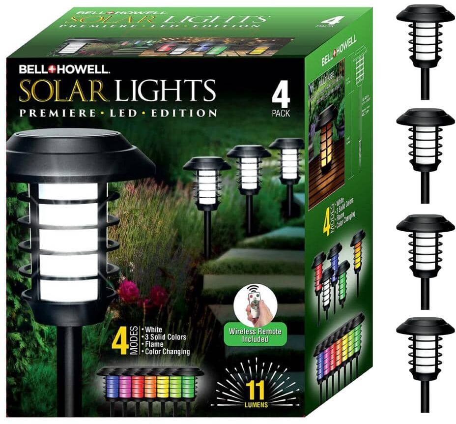 Bell + Howell Solar Powered Pathway Lights Black LED Path Light 11 Lumens Color Changing Landscape with Remote (4-Pack)