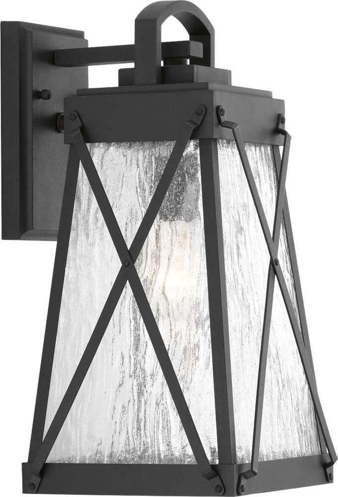 Progress Lighting Creighton Collection 1-Light Textured Black Clear Water Glass Farmhouse Outdoor Medium Wall Lantern Light