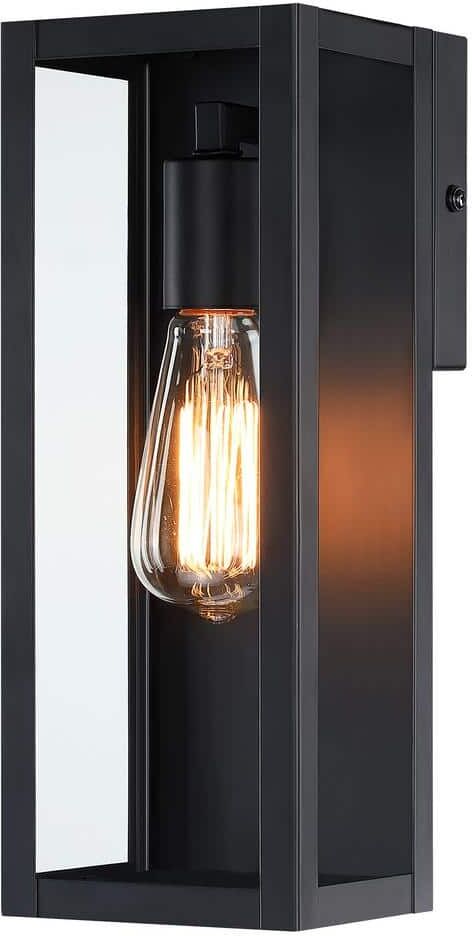 Hukoro Cali 1-Light 13 in. Outdoor Wall Lantern with Matte Black Finish and Clear glass shade