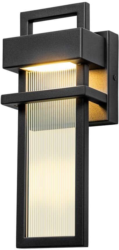 RRTYO Kohls Matte Black Modern Lighting Outdoor LED Wall Lantern Sconce with Stripe Glass Shade