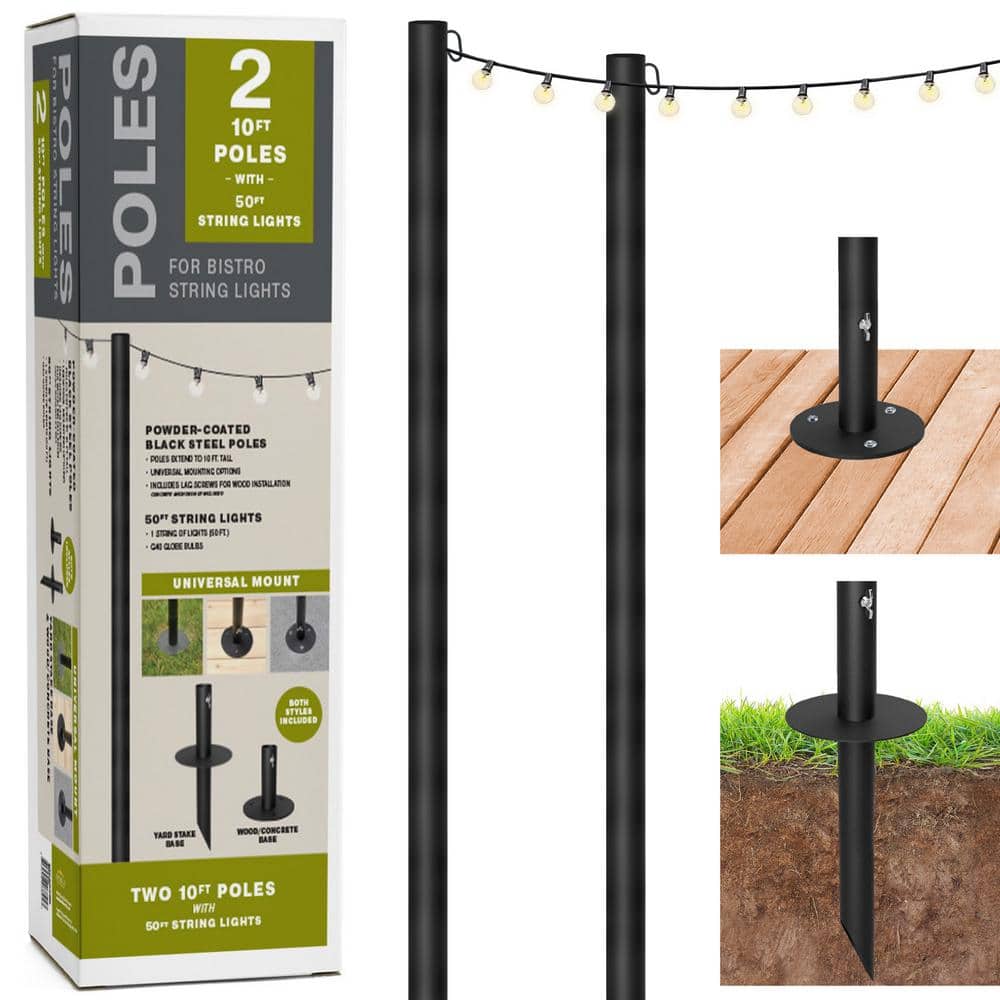 EXCELLO GLOBAL PRODUCTS Outdoor 50 ft. Plug-in Globe Bulb String Light with Two 10 ft. Mounting Poles