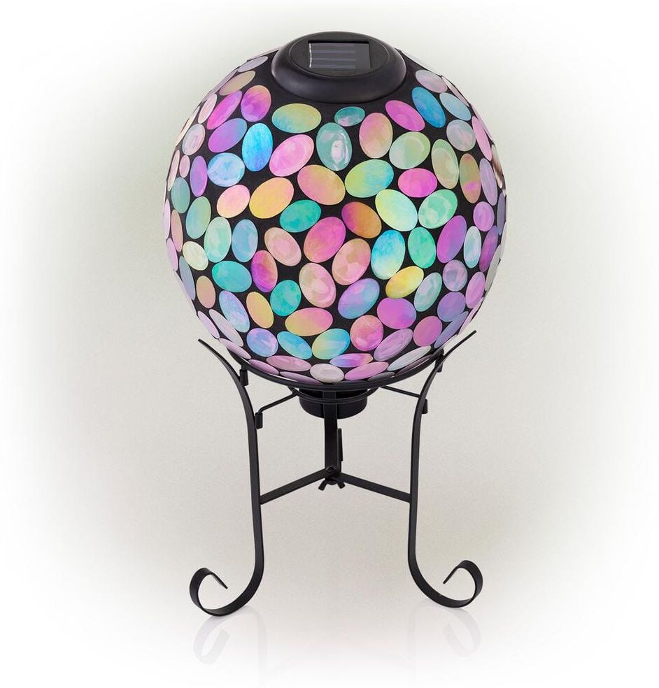 Alpine Outdoor Solar Powered Pink Glass Mosaic Gazing Globe with LED Lights and Metal Stand, Violet