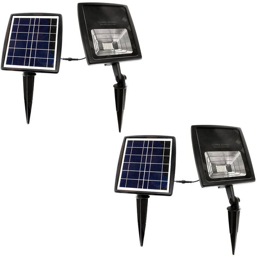 GAMA SONIC Solar Powered Flood Light Integrated Bright White LED Black Outdoor Landscape Spotlight with 12 ft. Panel (2-Pack)