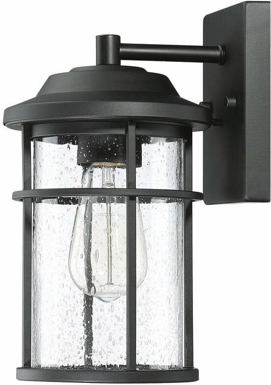 Logmey 11.92 in. 1- Light Black Outdoor Wall Mount Lantern Sconce with Seeded Glass Shade, No Halogen Bulbs Included