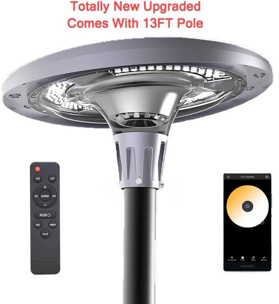 eLEDing Solar 20W RGB LED UFO APP Post Light Commercial Residential Walkway Courtyard Parking Lot, with Light Pole