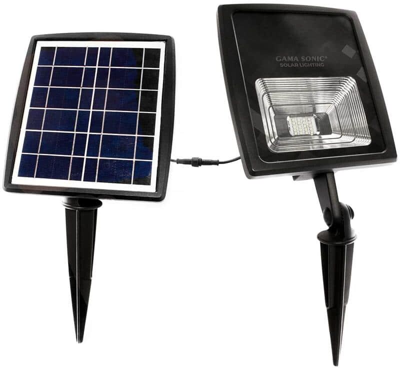 GAMA SONIC Solar Powered Flood Light Integrated Warm White LED Black Outdoor Landscape Spotlight with 12 ft. Panel