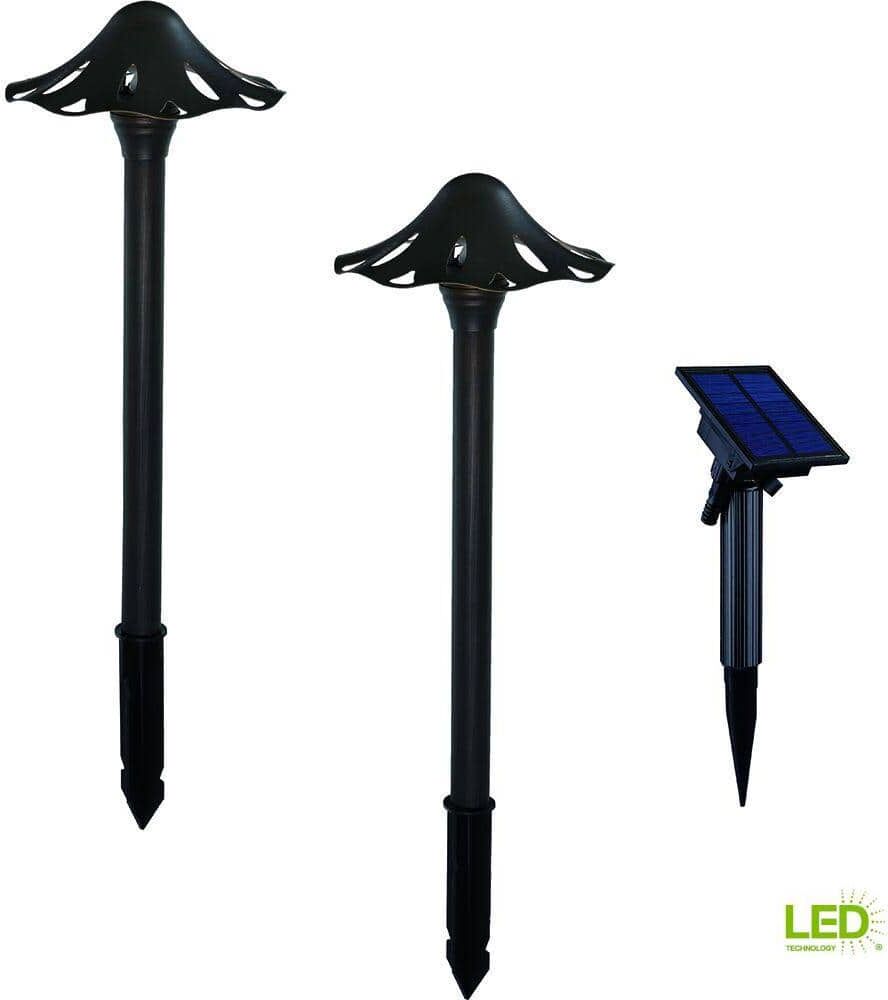 Hampton Bay Solar Oil Rubbed Bronze Outdoor Integrated LED Mushroom Landscape Path Light with Remote Solar Panel (2-Pack)