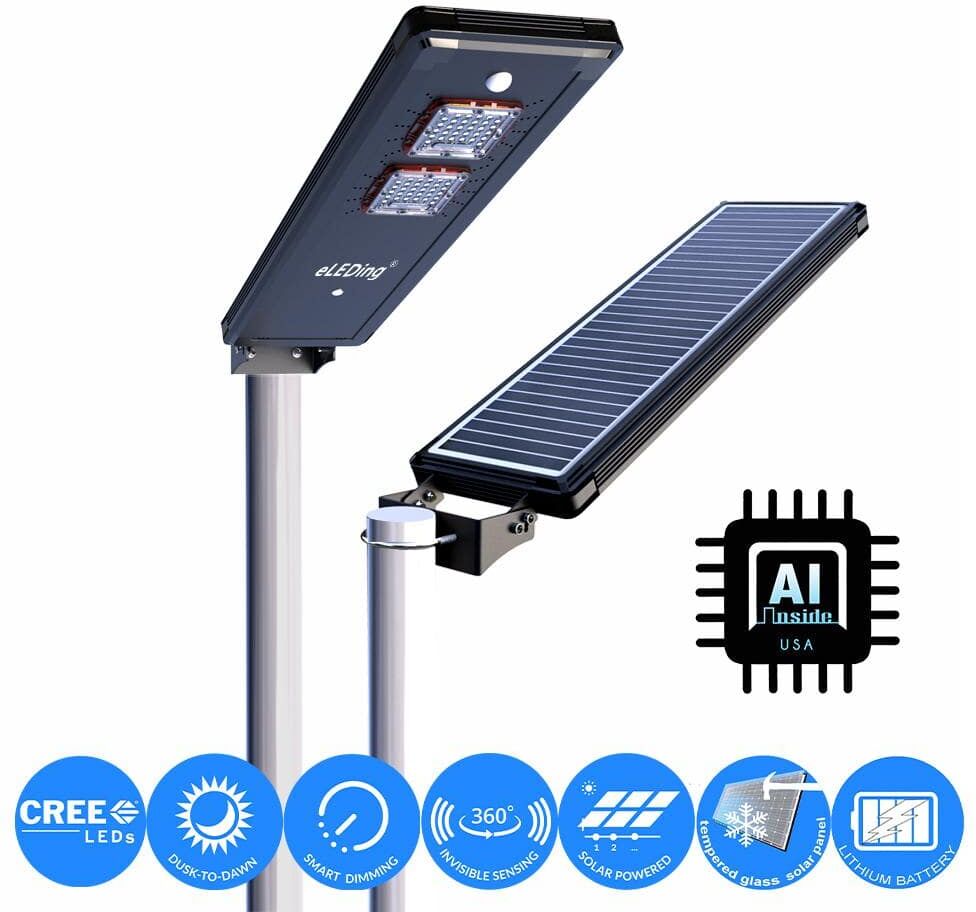 eLEDing Solar Power Dusk to Dawn Black Aluminum Outdoor Integrated LED AI-Smart Sensing 3200 Lumens Cree Area Path Parking Light