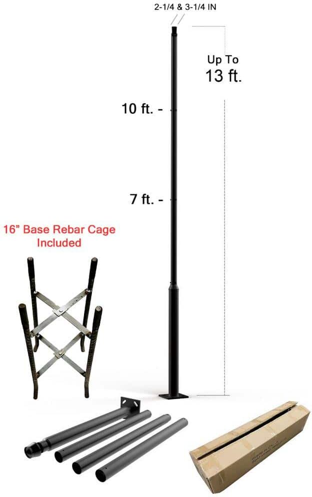 eLEDing 3 in. Up To 13 ft. Black Outdoor Universal Metal Light Post Pole with Anchors