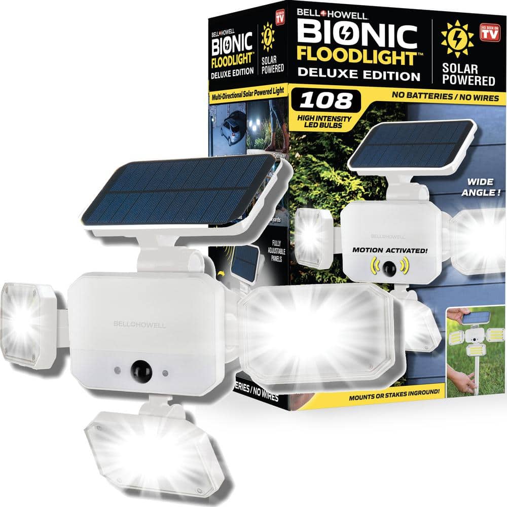 Bell + Howell 180-Degree Swiveling Light White Solar Powered Motion Activated Outdoor 108 Integrated LED Bionic Flood Light