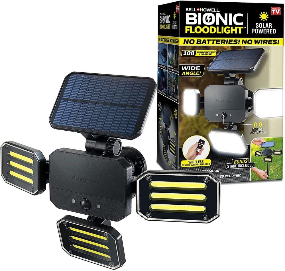 Bell + Howell 180-Degrees Swiveling Light Black Solar Powered Motion Activated Outdoor 108 Integrated LED Bionic Floodlight