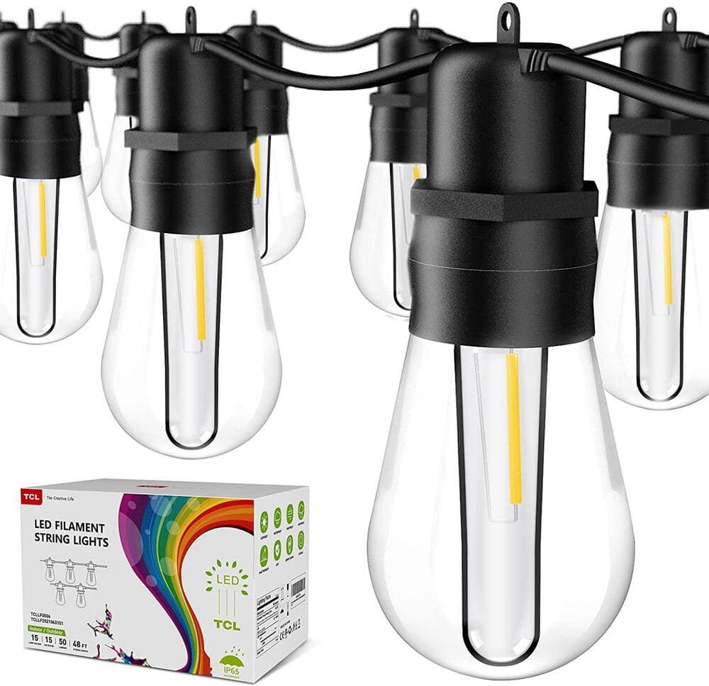 TCL Outdoor 48 ft. Plug-In Edison Bulbs LED String Light with S14 15 Plus 2 Spare Plastic Shatterproof Bulbs ETL Listed IP65