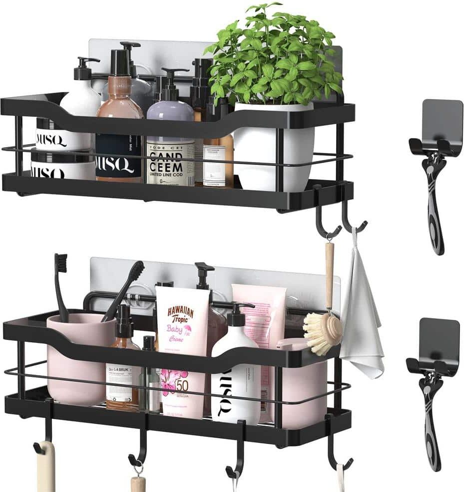 Cubilan Wall Mount Shower Caddy Bathroom Shelf with 8 Hooks in Black (2-Pack)