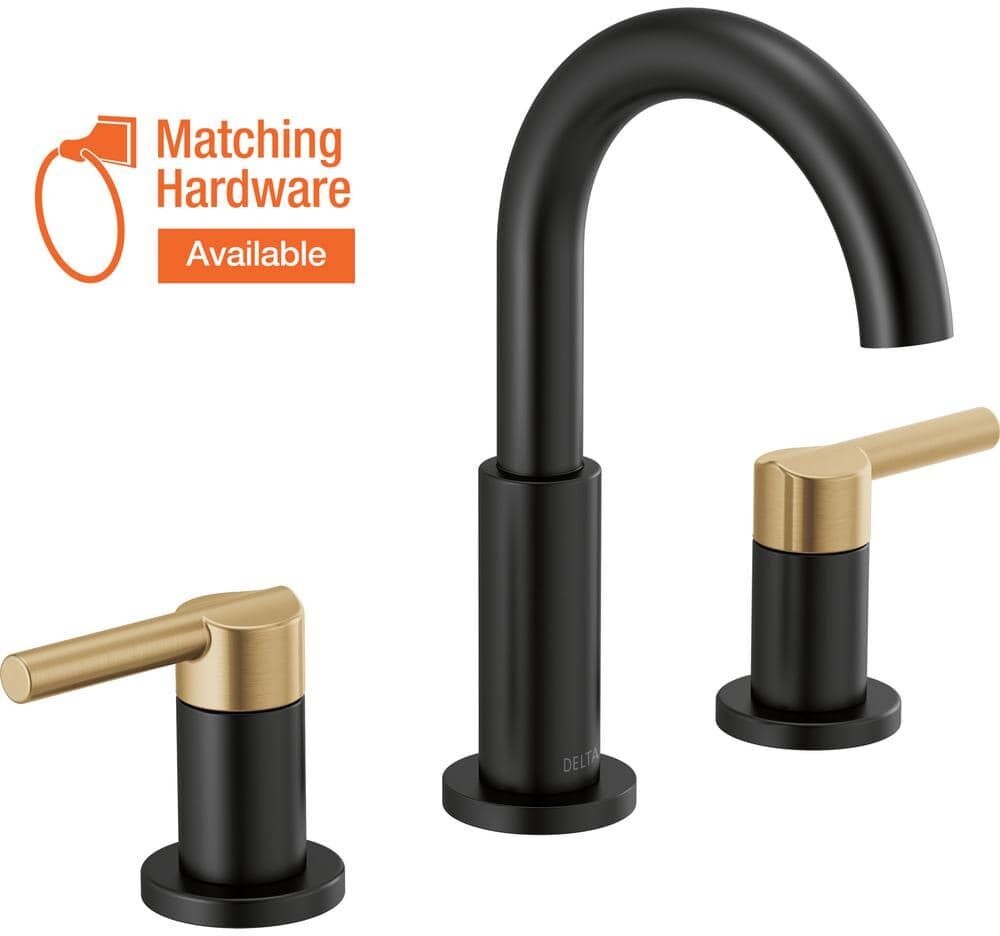 Delta Nicoli J-Spout 8 in. Widespread Double-Handle Bathroom Faucet in Matte Black/Champagne Bronze