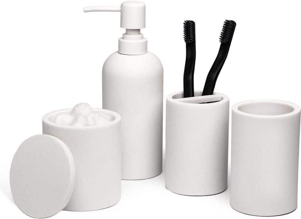 Dracelo 4-Piece Bathroom Accessory Set with Soap Dispenser, Bathroom Jars, Toothbrush Cup, Brush Holder in Crystal White