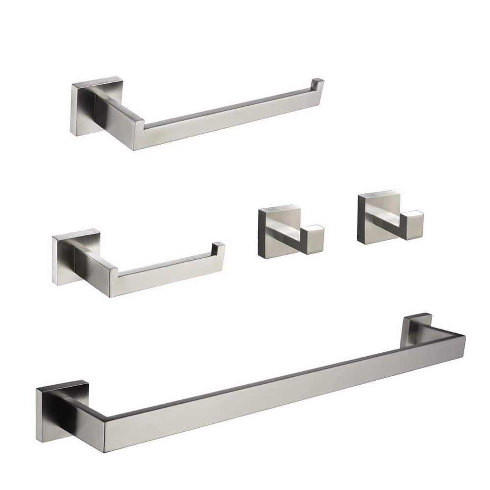 Aurora Decor Foris 5 Piece Bath Hardware with Towel Bar*1, Hand Towel Holder*1, Toilet Paper Holder*1, Towel Hook*2 in Brushed Nickel