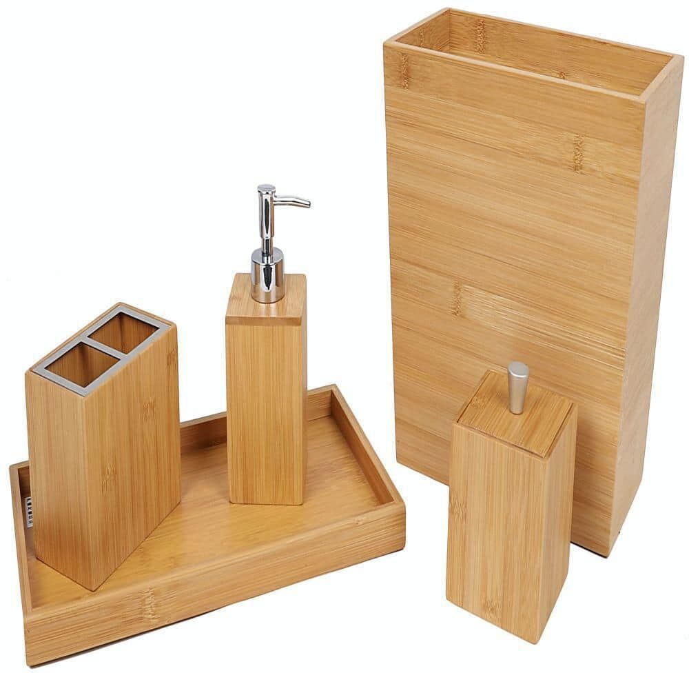 Dracelo 5-Piece Bathroom Accessory Set with Dispenser, Trash Can, Toothbrush Holder in Bamboo