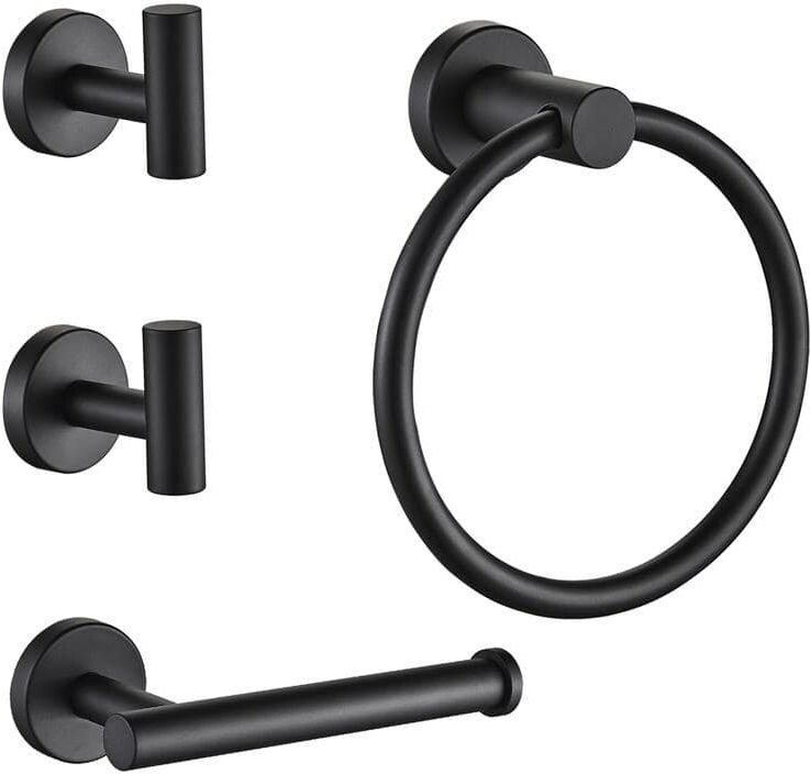 FORIOUS Bathroom Accessory Set With Robe Hooks,Towel Ring,Toilet Paper Holder in Matte Black 4-Piece