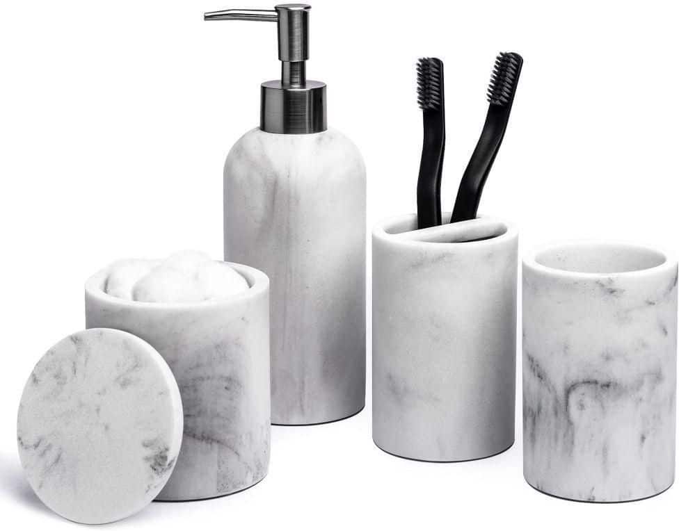 Dracelo 4-Piece Bathroom Accessory Set with Soap Dispenser, Bathroom Jars, Toothbrush Cup, Brush Holder in Light Marble