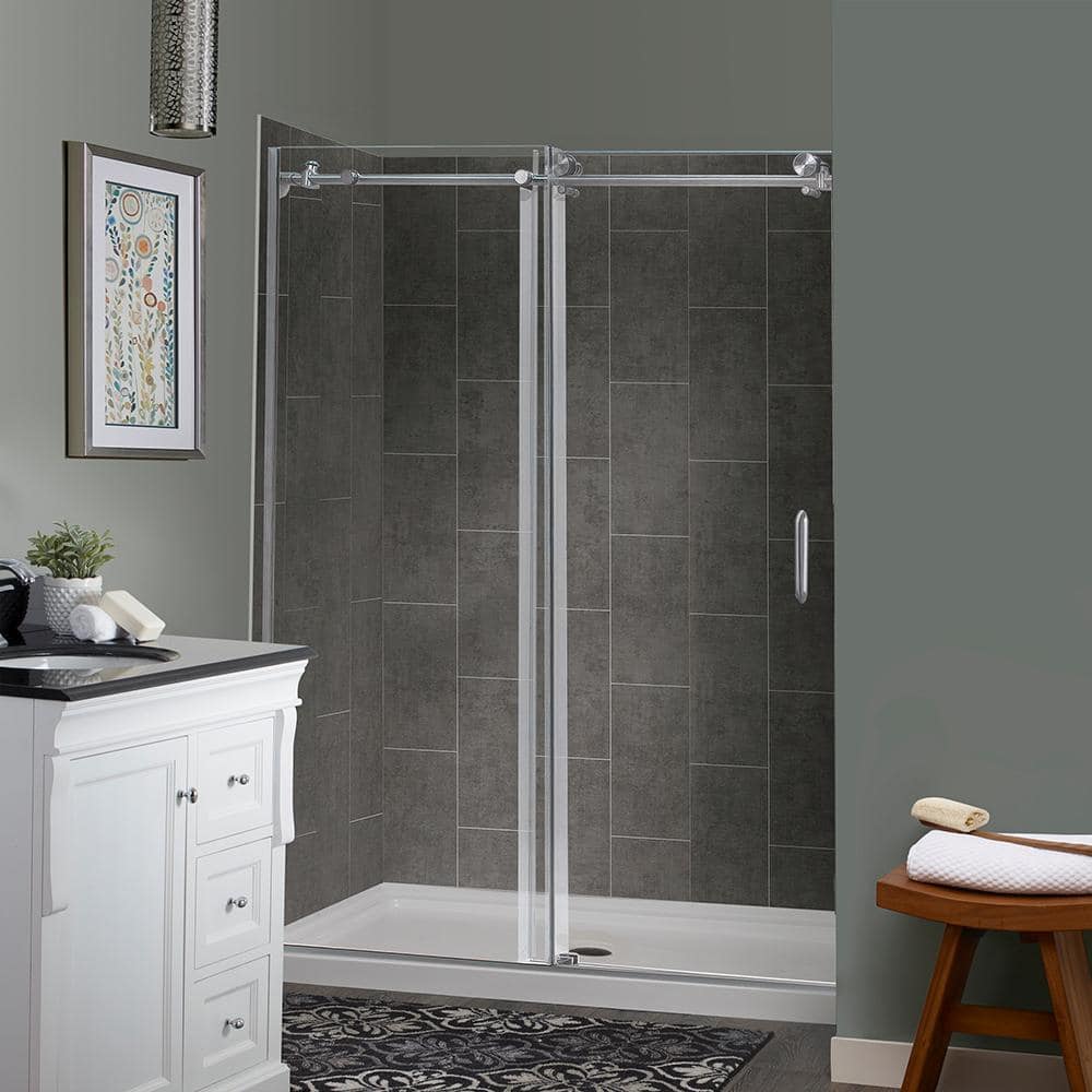 CRAFT + MAIN Marina Sliding 48 in. L x 34 in. W x 78 in. H Center Drain Alcove Shower Stall Kit in Slate and Brushed Nickel Hardware