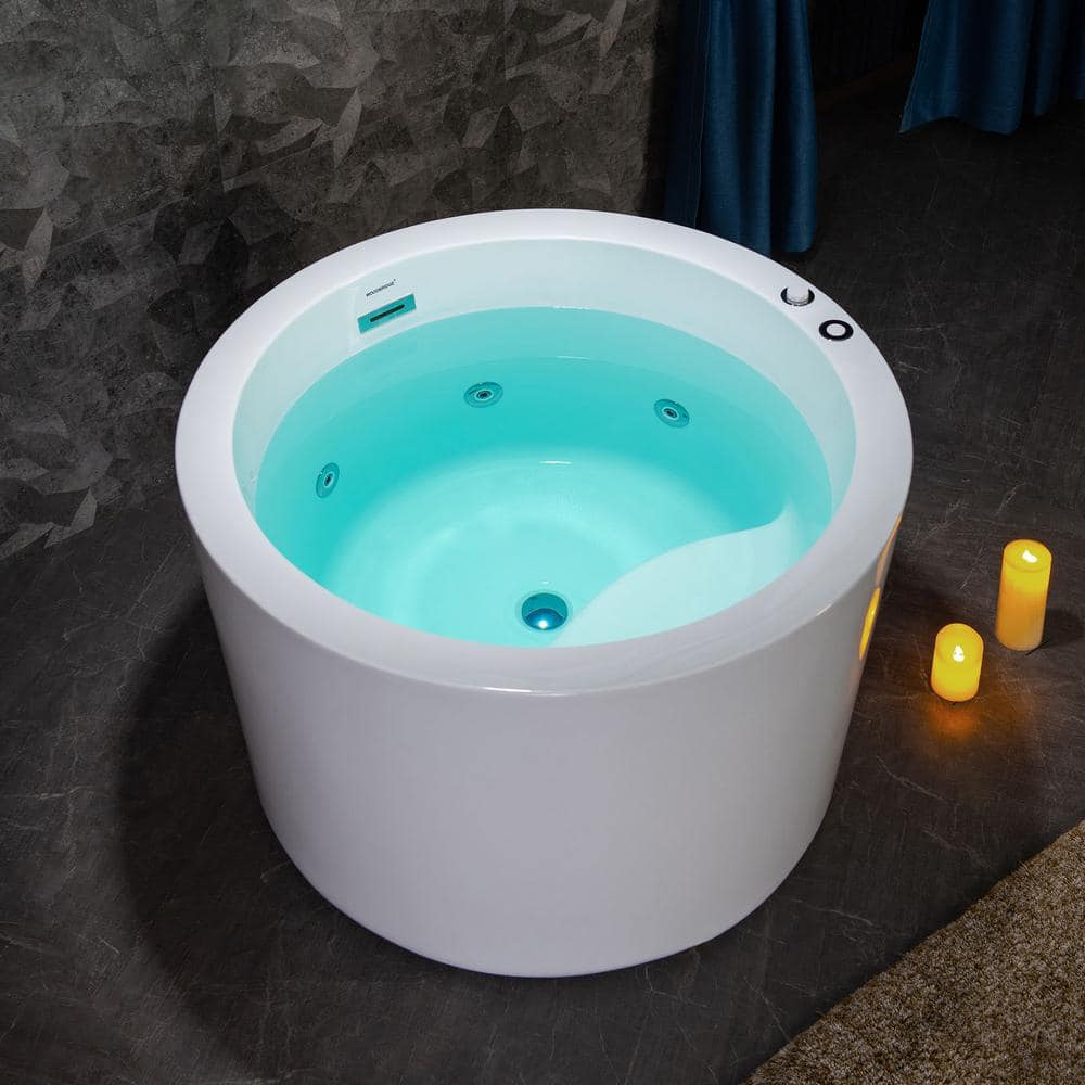 WOODBRIDGE 41 in. x 41 in. Acrylic Round Whirlpool with Inline Heater Bathtub with Pre-Molded Seat, Reversible Drain in White