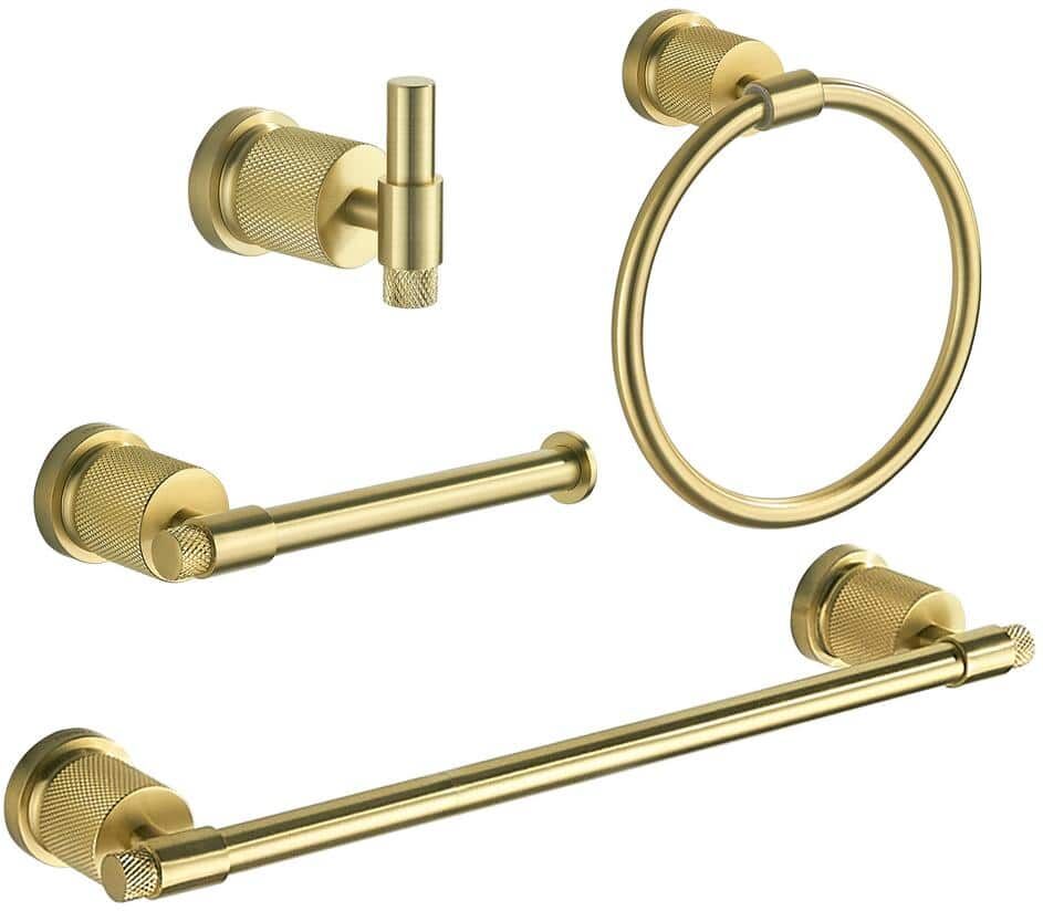 FORIOUS Bathroom Accessories Set 4, Towel Ring, Towel Bar, Toilet Paper Holder, Robe Hook Zinc Alloy in Gold