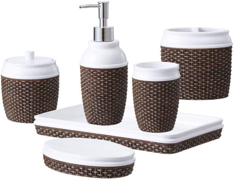 Dracelo 6-Piece Bathroom Accessory Set with Dispenser, Cotton Jar, Vanity Tray, Soap Dish, Tumbler, Toothbrush Holder in Brown