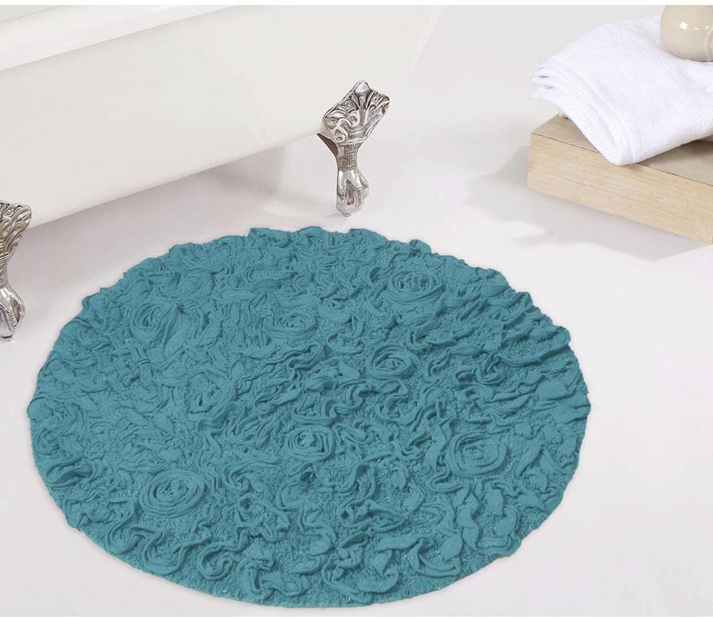 HOME WEAVERS INC Bell Flower Collection 100% Cotton Tufted Non-Slip Bath Rugs, 30 in. Round, Blue