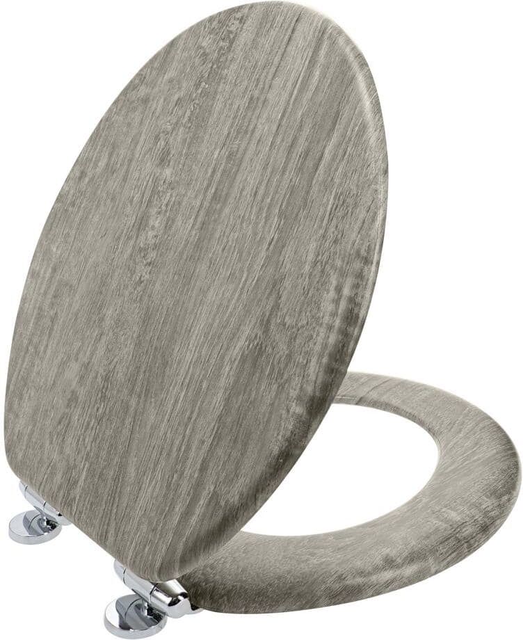 HOME + SOLUTIONS Round Distressed Wood Closed Front Toilet Seat in Gray