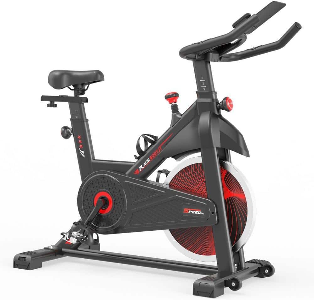 Tidoin Black and Red Metal Exercise Bike with Phone Bracket, Comfortable Cusion, Heavy Flywheel and LCD Monitor