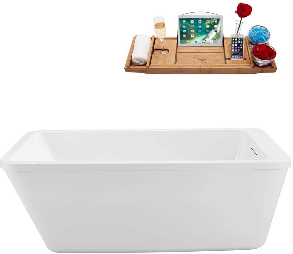 Streamline 60 in. x 32 in. Acrylic Freestanding Soaking Bathtub in Glossy White With Polished Brass Drain