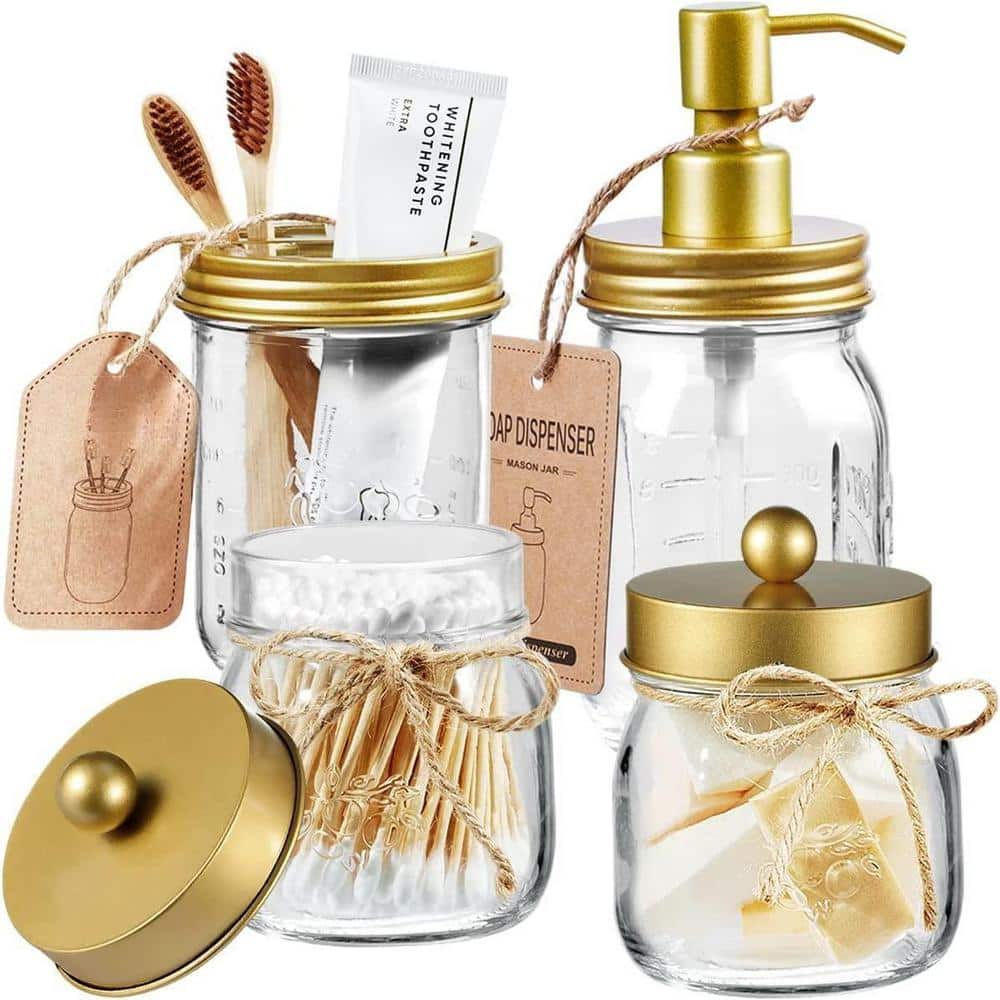 Dyiom Bathroom Accessories Set(4 Pcs) -Lotion Soap Dispenser and 2 Cotton Swab Holder and Toothbrush Holder (Gold)