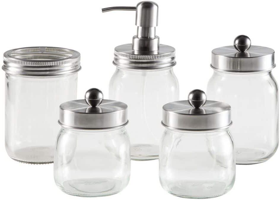 5-Piece Mason Jar Bath Accessories Kit With with Toothbrush Holder, Soap Dispenser, Canister and 2 Small Jars in Silver