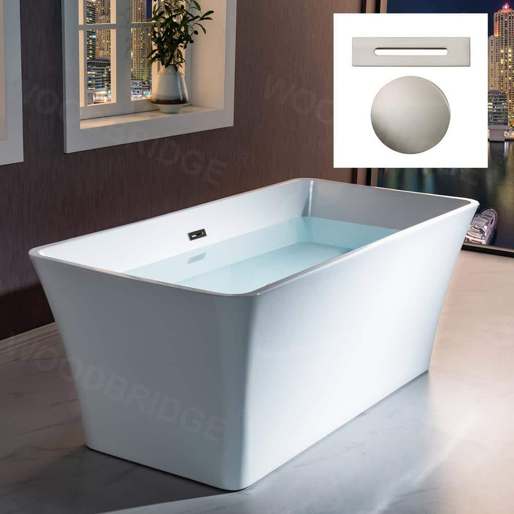 WOODBRIDGE Smile 59 in. Acrylic Freestanding Flat Bottom Double Ended Soaking Bathtub with BN Drain and Overflow Included in White