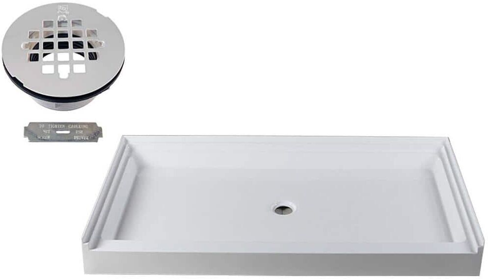 Westbrass 60 in. x 36 in. Single Threshold Alcove Shower Pan Base with Center Plastic Drain in Powder Coat White