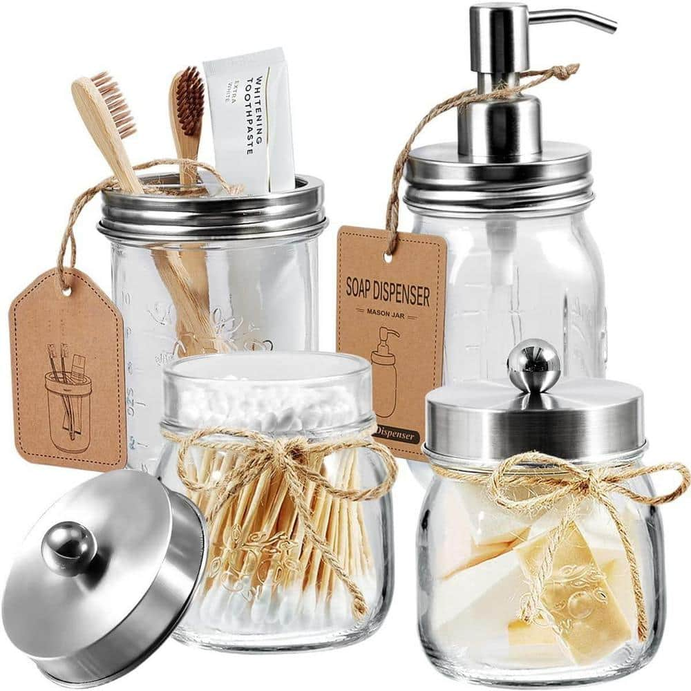 Dyiom Bathroom Accessories Set(4 Pcs) -Lotion Soap Dispenser and 2 Cotton Swab Holder Toothbrush Holder-Rustic Farmhouse Decor