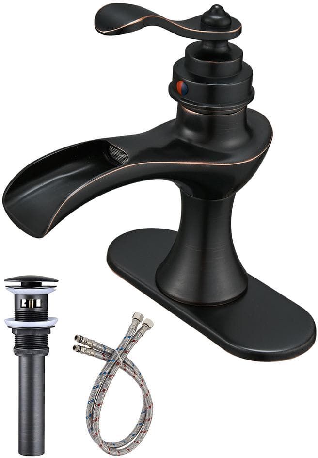 BWE Waterfall Single Hole Single-Handle Low-Arc Bathroom Faucet with Drain Assembly and Supply line in oil rubbed bronze