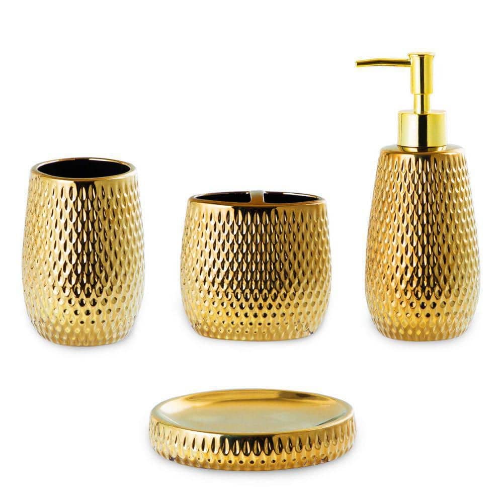 Dracelo 4-Piece Bathroom Accessory Set with Toothbrush Holder and Dish, Tumbler, Soap Dispenser in Gold