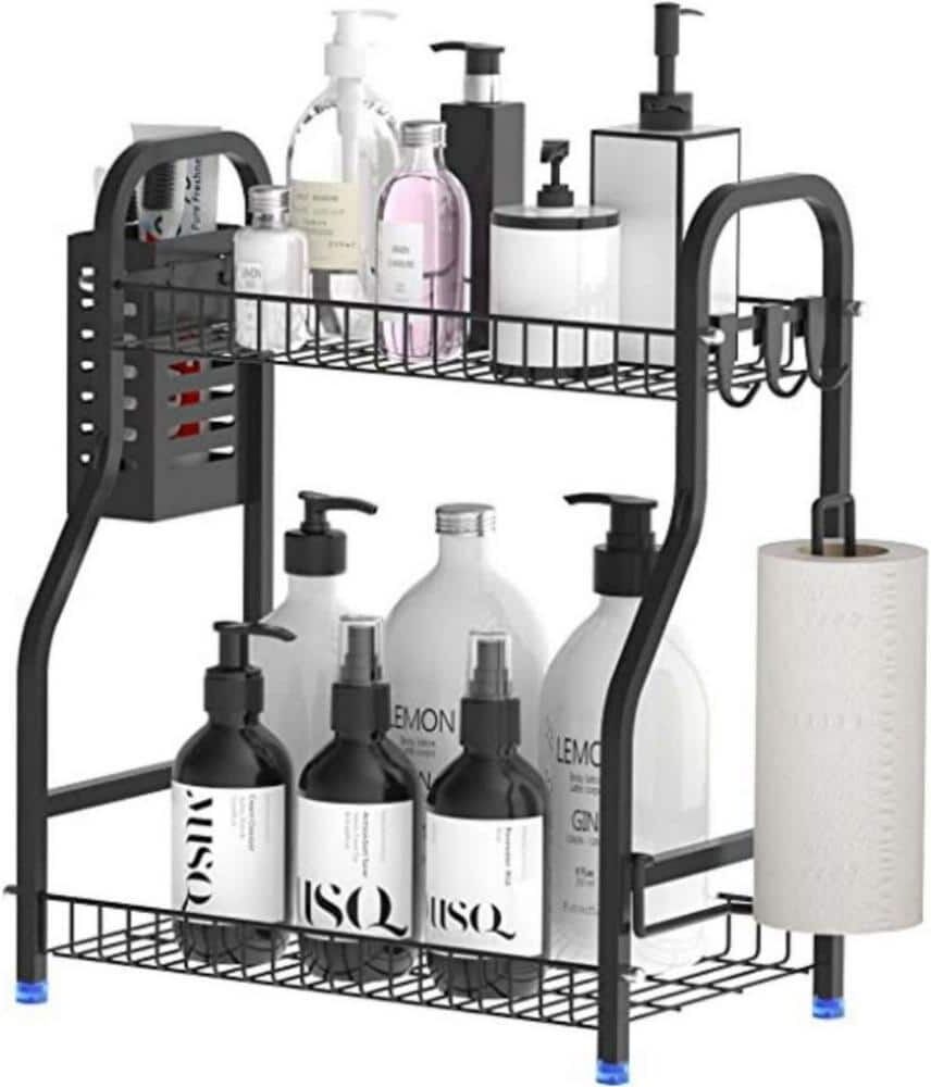 Dyiom Bathroom Organizer Rack for Countertop, 2 Tier Bathroom Counter Organizer With Toiletries Basket, 15.4 in., Metal,Black