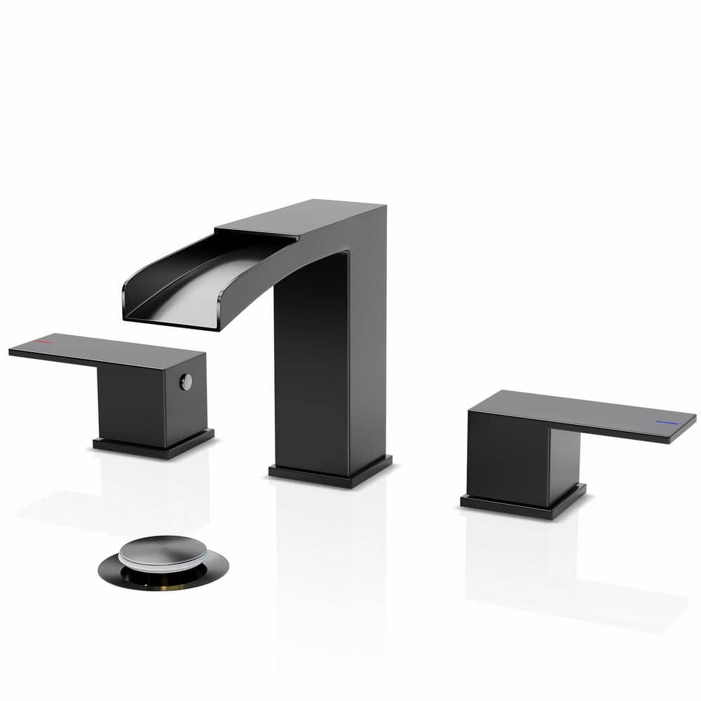 Phiestina 2 Handles Waterfall Bathroom Faucet for 3 Holes Sink with Pop Up Drain Assembly and Water Supply Lines in Matte Black