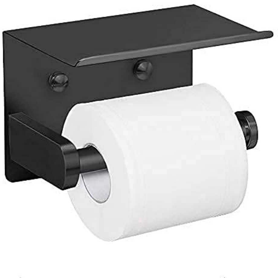 Dracelo Self Adhesive Bathroom Black Toilet Paper Holder with Phone Shelf