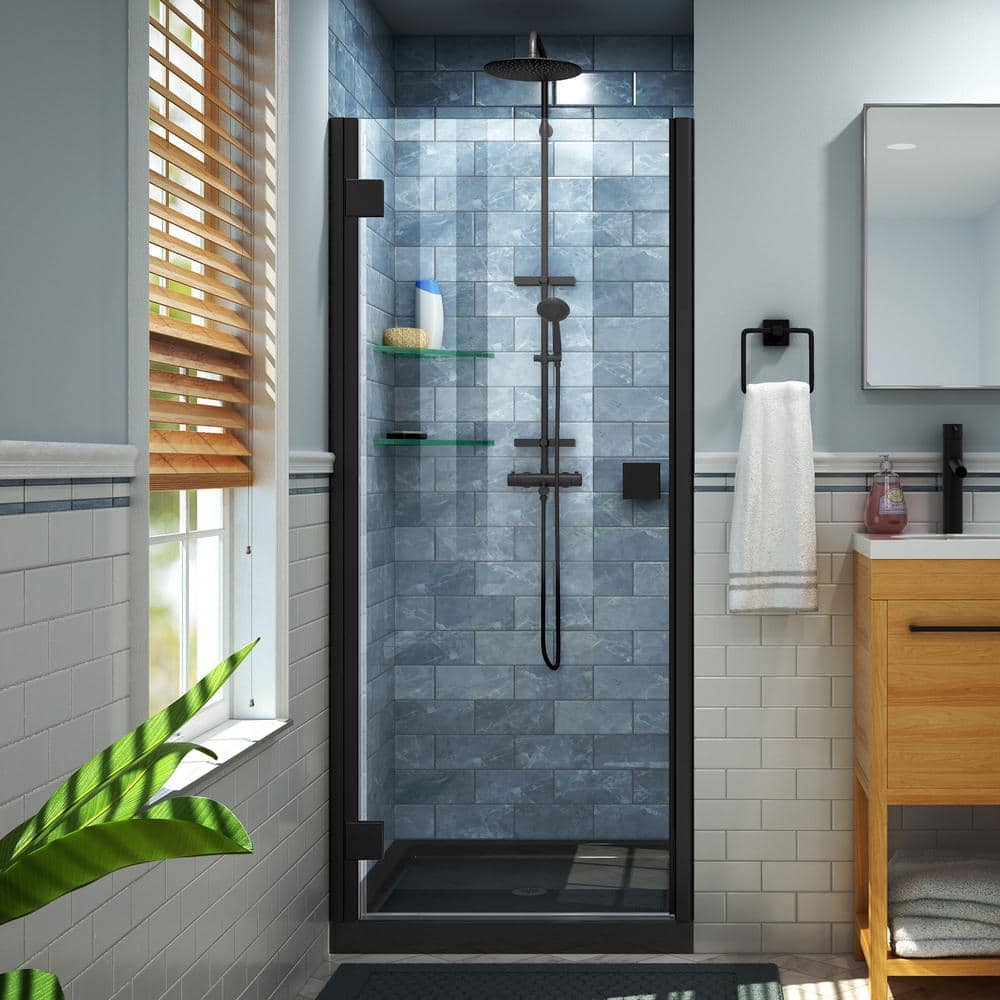 DreamLine Lumen 42 in. x 72 in. Semi-Frameless Hinged Shower Door in Matte Black with 42 in. x 36 in. Base in Black