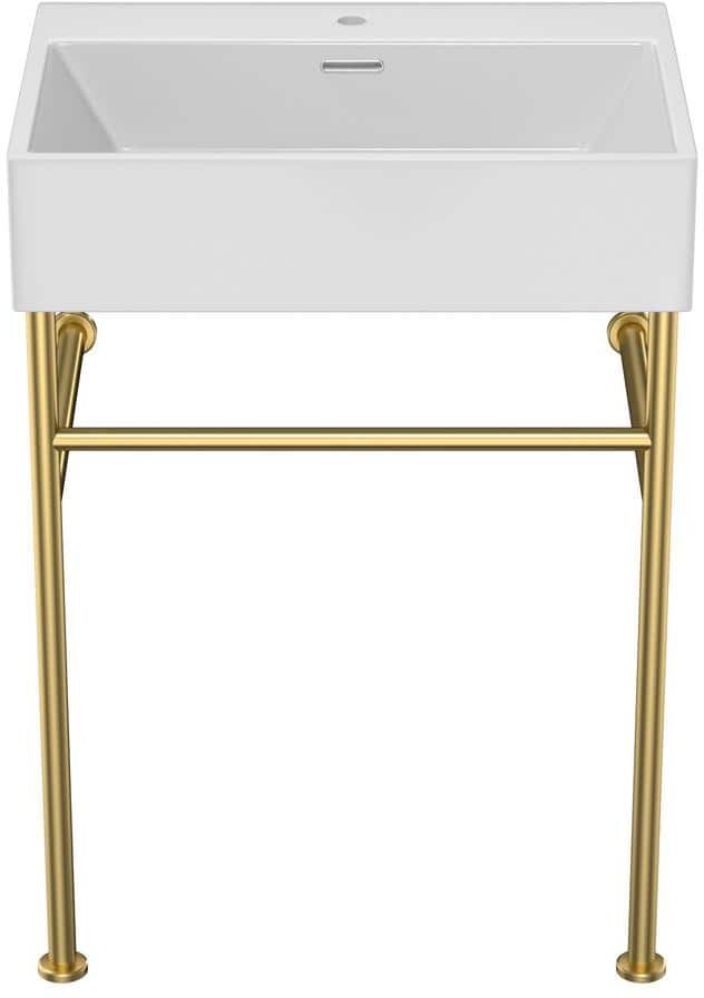 Amucolo 24 in. Bathroom Ceramic Console Sink with Overflow and Gold Stainless Steel Legs