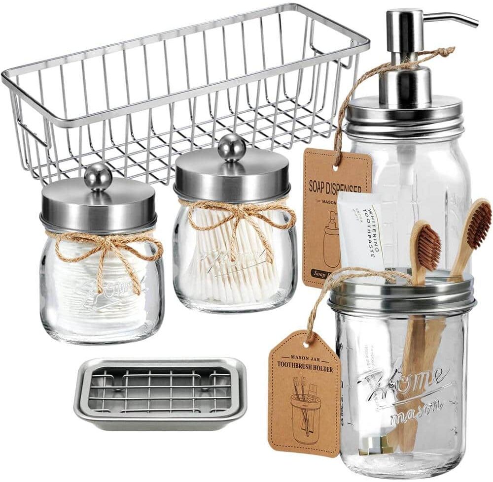 Dyiom Mason Jar Bathroom Accessories Set- 6-Pieces -Brushed Nickel