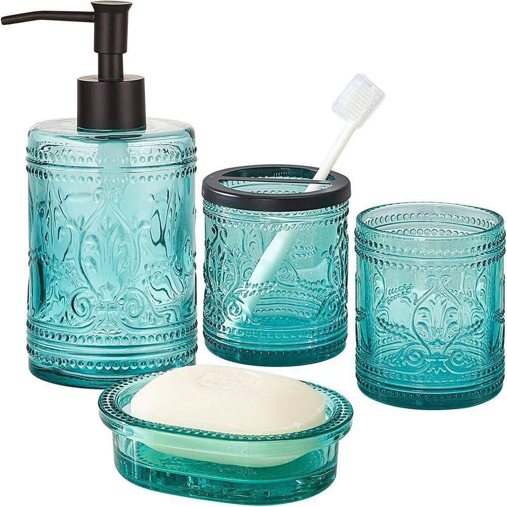 Dracelo 4-Piece Bathroom Accessory Set with Soap Dispenser, Tumbler, Soap Dish, Toothbrush Holder in Teal Blue