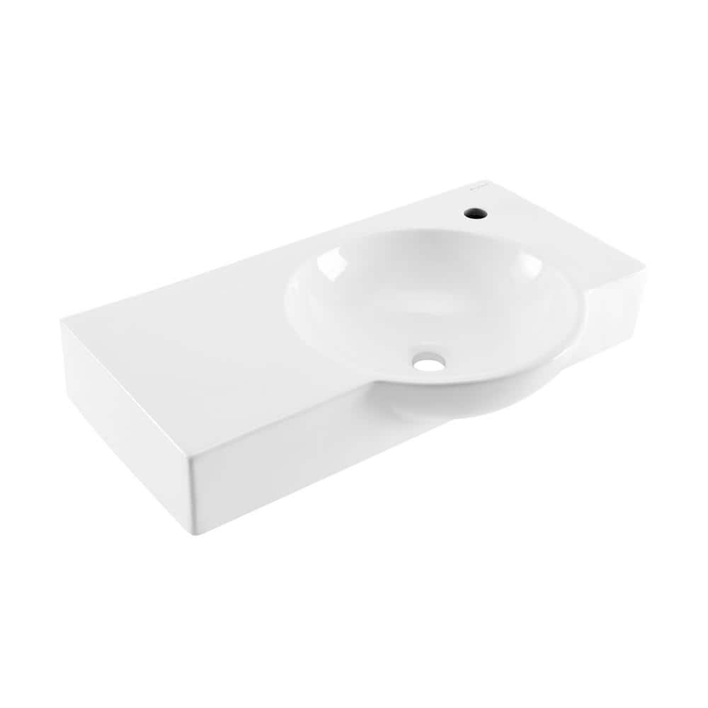 Swiss Madison Chateau 29.31 in. Right Side Faucet Wall-Mount Ceramic Rectangular Bathroom Vessel Sink in Glossy White