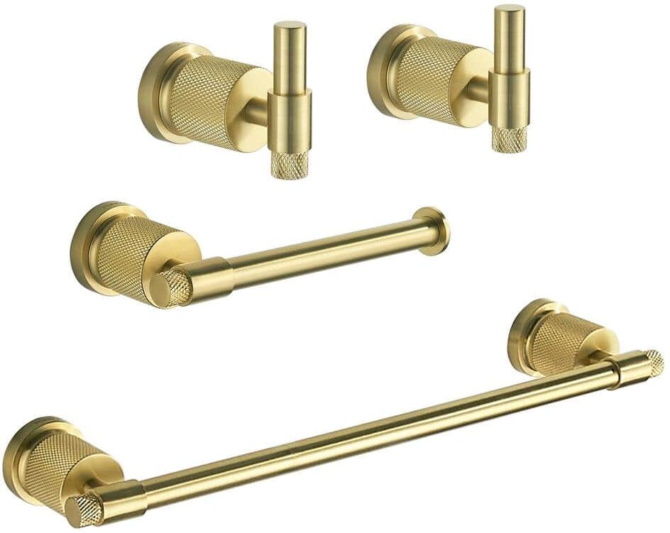 FORIOUS Bathroom Accessories Set 4-pack Towel Bar，Toilet Paper Holder ，2Robe Hooks Zinc Alloy in Gold