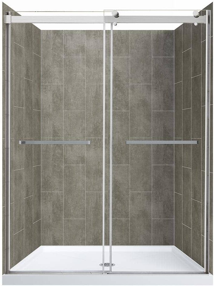 CRAFT + MAIN Lagoon Double Roller 48 in. L x 34 in. W x 78 in. H Center Drain Shower Stall Kit in Quarry and Brushed Nickel Hardware