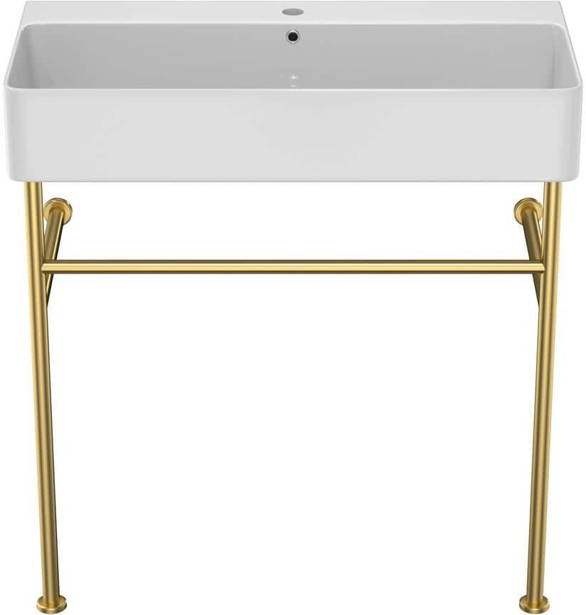 Amucolo 32 in. Bathroom Ceramic Console Sink with Overflow and Gold Stainless Steel Legs