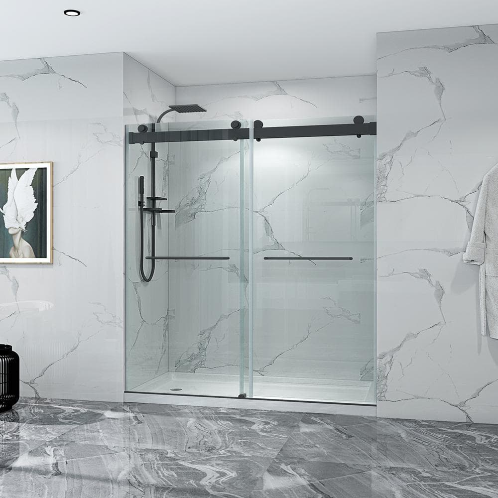 INSTER LINE 72 in. W x 76 in. H Double Sliding with Buffer Frameless Shower Door in Matte Black Finish Clear Glass with Handles